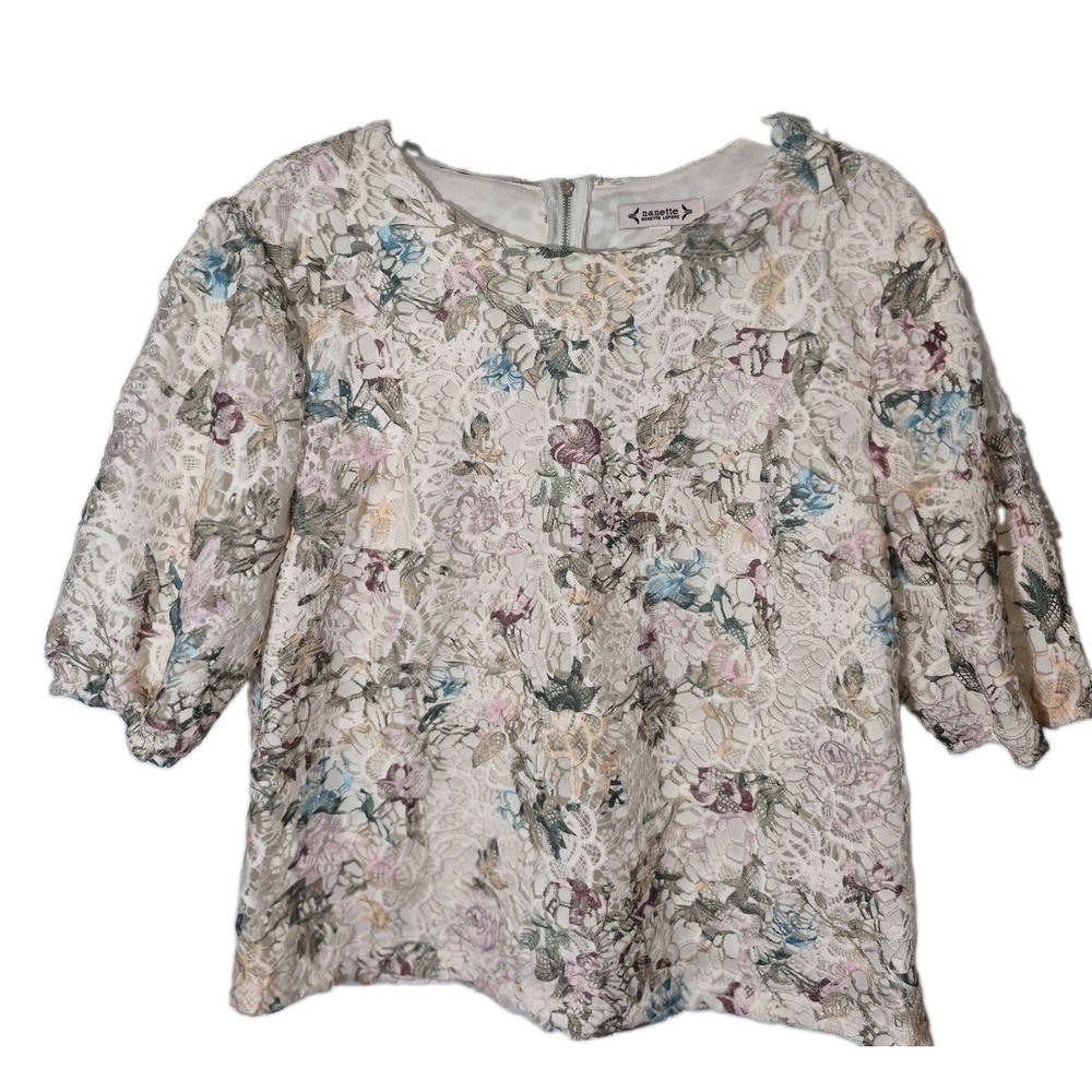 Nanette Lepore Floral Lace Blouse L Puff Sleeve Feminine Fairy Coquette